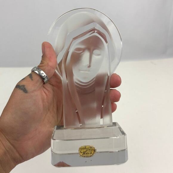 VTG Czech Bohemia Glass Crystal Mary & Jesus Frosted Figures 1970's Set Bookend - Picture 4 of 16